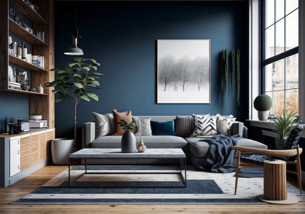 a modern living room with a cozy and sophisticated feel. The room features a dark blue accent wall, a light gray sectional sofa, a natural wood coffee table, and a contemporary area rug. generative ai
